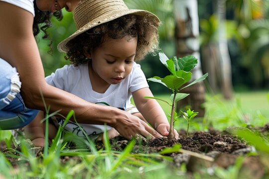 Hope and growth symbolized by adult and child planting tree on lush green field AI Image
