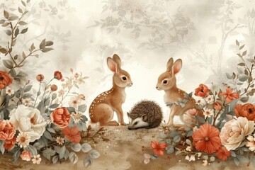 Fototapeta na wymiar A watercolor painting of two rabbits and a hedgehog sitting in a garden of flowers.
