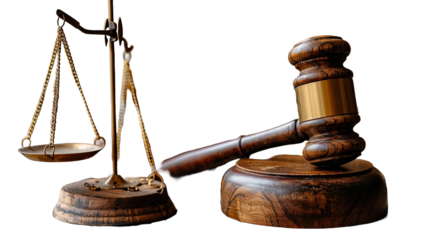 Justice Scales and books and wooden gavel on isolated transparent background
