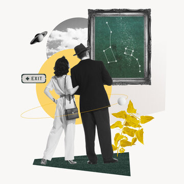 Man and woman looking on picture with stars, constellations and cosmic background. Museum of cosmic wonders. Contemporary art collage. Concept of surrealism, creativity, retro style, imagination