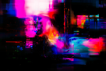 Glitch art abstract digital errors and distortions background with palette of vibrant neon colors against a black matrix.