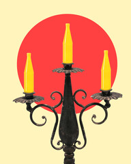 Poster. Contemporary art collage. Candelabra holding three yellow candles, as three red beer...