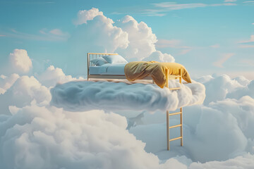 Surreal floating bed on a cloud with ladder against a blue sky, symbolizing peace, dream, and relaxation. - obrazy, fototapety, plakaty