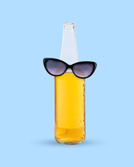 Poster. Contemporary art collage. Bottle of lager beer wearing aviator sunglasses tilted against clear blue background. Concept of party, fun and joy, Friday mood, Oktoberfest, summer mood. Ad