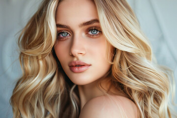 Naklejka premium Beautiful blonde girl hair after hair coloring in the salon, shiny locks of hair and new hairstyle 