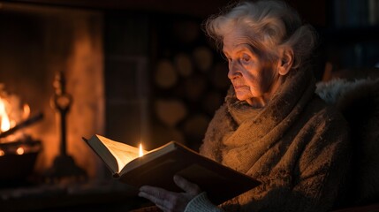 An atmospheric portrait of an elderly woman's weathered face, bathed in the warm glow of candlelight as she reads a cherished book by the fireplace