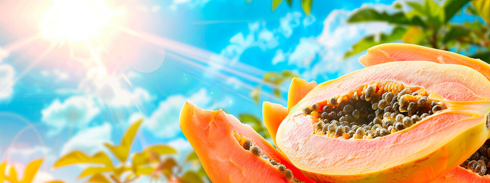 papaya on a background of palm trees and sky. selective focus.