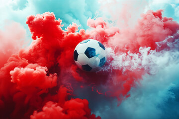 Soccer ball in the colored smoke of smoke bombs