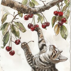 A cat batting at chocolatecovered cherries dangling from a tree branch