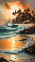 Foto op Plexiglas Traumhaftes Gemälde - Küstenlandschaft mit Sonnenuntergang © lavillia
