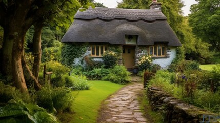 Fototapeta premium A cottage with a thatched roof and a winding stone AI generated