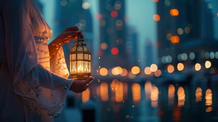 Beautiful Muslim woman holding traditional arabic lantern at night in Dubai, United Arab Emirates,...