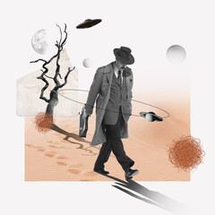 Man in coat and fedora hat walking on desert with UFO and planet elements. Contemporary art...