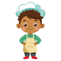 Obraz premium Happy child black boy child chef in apron, vector cartoon illustration.