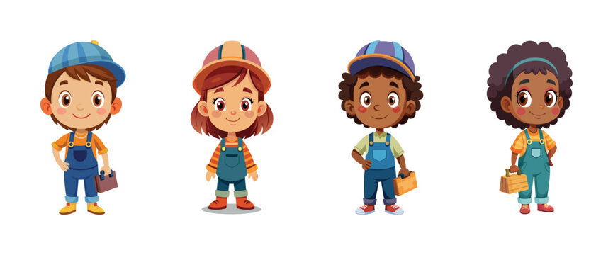 Cartoon kids dressed as handymen with tools, vector illustration.
