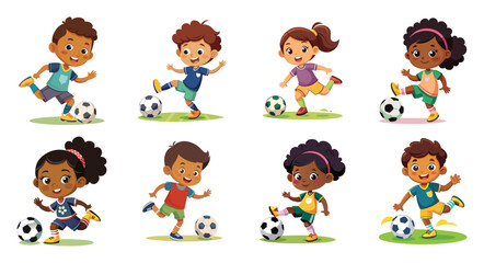Energetic children enjoying a fun soccer game, vector cartoon illustration.