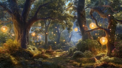 An enchanting forest scene, with ancient trees adorned with glowing orbs of light and whimsical creatures frolicking among the vibrant foliage in a magical woodland realm