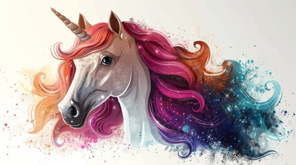 unicorn with glitter pink hair graphic clip art on  background