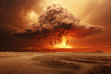 Terrifying Nuclear explosion cloud desert. Nuke energy. Generate Ai
