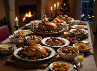 Naklejka premium Christmas Dinner table full of dishes with food and snacks, New Year's decor with a Christmas tree on the background. Generative AI 