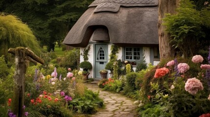 A cozy cottage with a thatched roof and colorful AI generated