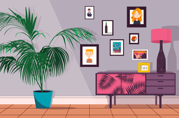 Vector illustration of an interesting vintage interior with photographs and pictures. Horizontal format.