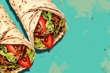 Doner kebab, shawarma or gyros on a blue retro background, copy space. Generative AI