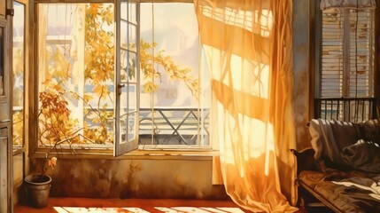 A watercolor painting of a sunlit window with sheene AI generated