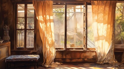 A watercolor painting of a sunlit window with sheene AI generated