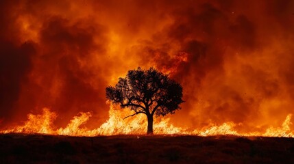 A lone tree silhouetted against a backdrop of raging flames, symbolizing hope amidst devastation