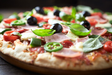 Pizza with ham, mozzarella cheese, cherry tomatoes, green and jalapeno pepper, black olives and fresh basil. Dark background. Close up.	