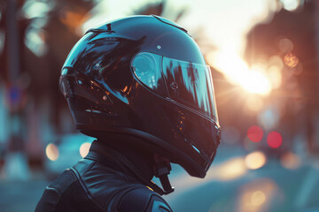 Capture the essence of technology with a black motorcycle helmet under the sun. AI generative. - obrazy, fototapety, plakaty
