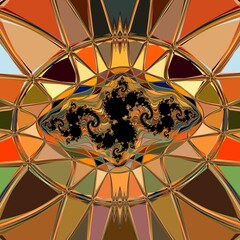 stained glass with Julia set type fractal motif in black