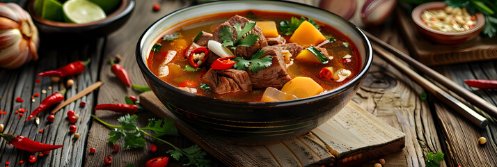   spicy soup with beef and vegetables in bowl on a wooden table with different many herbs and spices , Chinese soup with a spicy and tangy taste.
