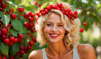 beautiful blonde woman with cherries in hair and red lipstick, smiling in summer cherry orchard