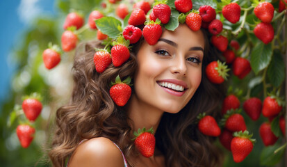 beautiful smiling woman with long hair full of strawberries and redberries like fun and fruit of summer concept 
