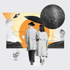 Monochrome image of man and woman walking under umbrella id direction to colorful abstract elements of space, planets. Contemporary artwork. Concept of surrealism, creativity, retro style, imagination - obrazy, fototapety, plakaty