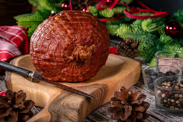 Baked ham on a cutting board. - 788371643