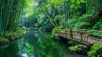 Obraz premium A wooden bridge traversing a serene pond amidst a tranquil bamboo forest landscape
