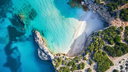 Aerial view of a coastal paradise, with turquoise water and white sandy beaches - obrazy, fototapety, plakaty