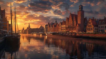 Gdansk with beautiful old town over Motlawa river at sunrise, Poland. - obrazy, fototapety, plakaty