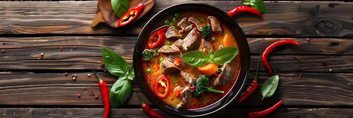  Steaming hot bowl of vegetable soup with aromatic spices on wooden table background , A bowl of singing pork meat Filipino food, Colombian traditional tripe soup 
 