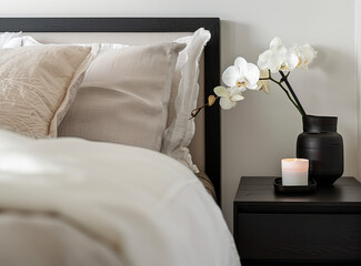 Close-up of a white orchid branch in a black vase next to a lit candle on a black bedside table, milky linen pillows, a blanket, and a dark wood framed headboard against the white wall.