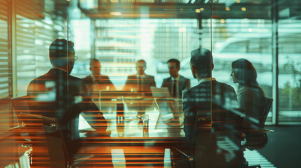 Double exposure, team and business people in office for meeting, discussion or planning for job in corporate career. Employees, leadership or glass with light in workspace, conference room or work