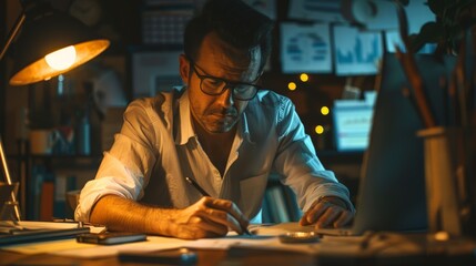 businessman studying stock market graphs late into the night with a lamp on