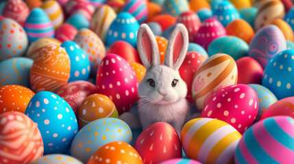 Fototapeta na wymiar Celebrate Easter in style with this charming image of a bunny surrounded by colorful Easter eggs, inspired by the vibrant theme of Monument Valley. Joyful festivities come to life. AI generative.