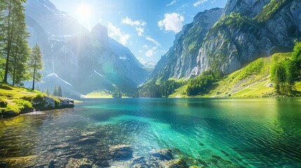 Great view of the azure pond Obersee glowing by sunlight. Popular tourist attraction. Picturesque and gorgeous scene. Location famous place Nafels, Mt. Brunnelistock, Swiss alps, Europe. Beauty world. - obrazy, fototapety, plakaty