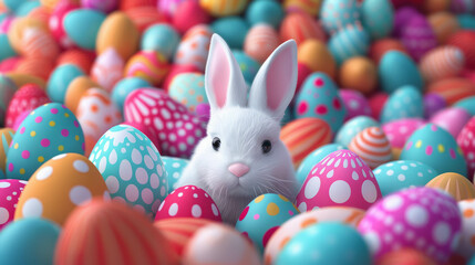 Fototapeta na wymiar Experience Easter joy with this adorable depiction of a bunny amidst vibrant Easter eggs, reminiscent of Monument Valley's artistic style. Celebrate the holiday in vivid colors. AI generative.