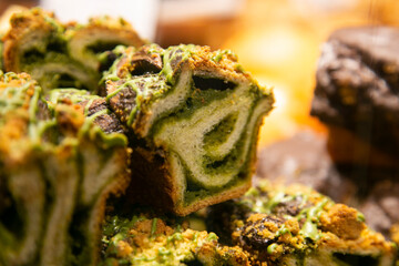 Marble chocolate and matcha tea cake in a Japanese Bakery in Kyoto.