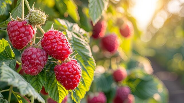 ripe raspberry fruits in the garden or forest. ai generated